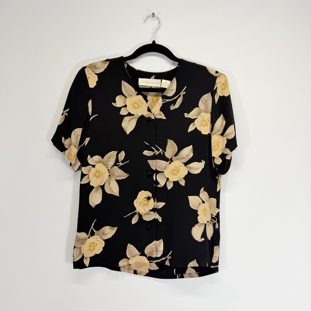 Vintage Dana Buchman 100% Silk Floral Blouse Frog Closure Knotted Buttons Size 2